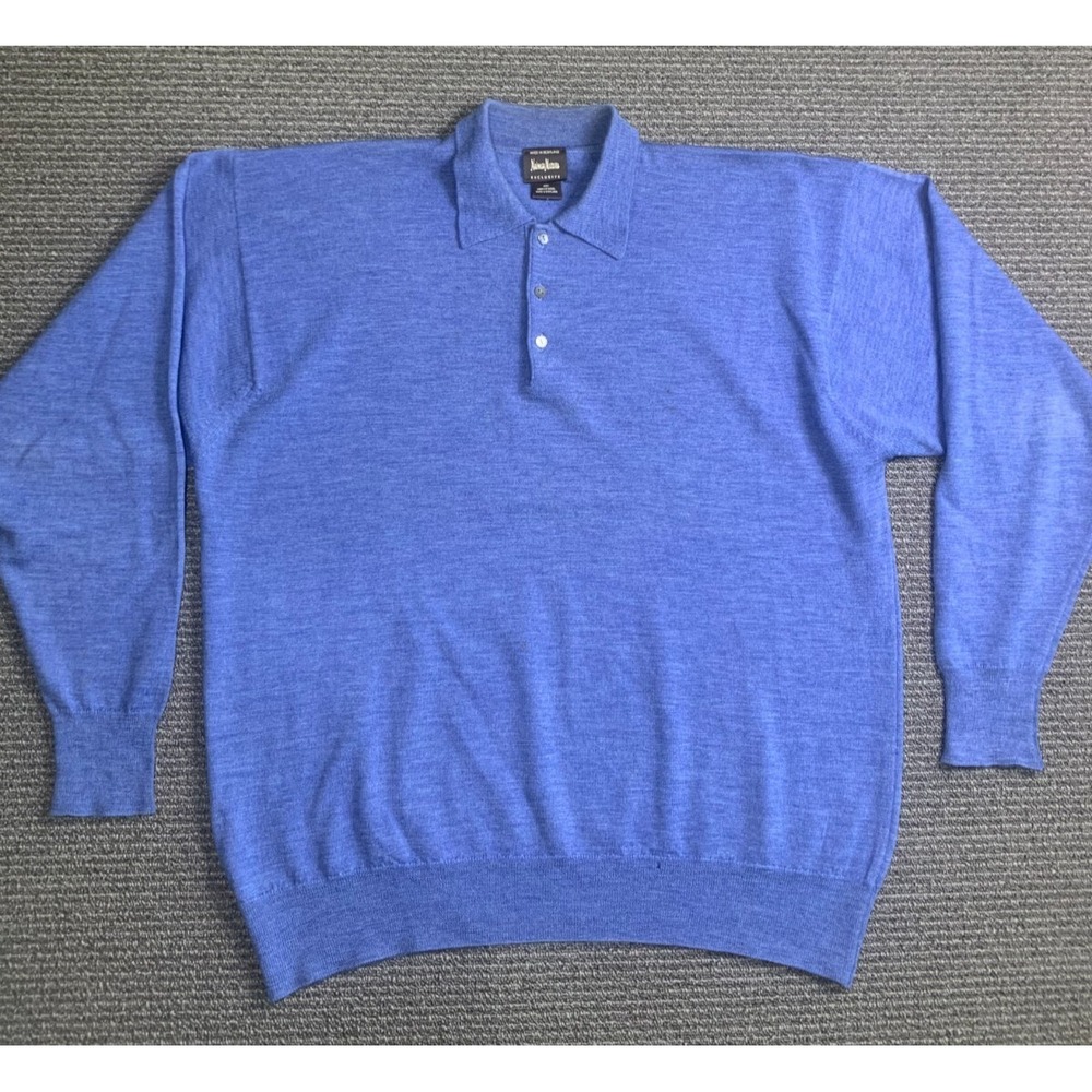 Neiman Marcus Mens L Blue Merino Wool Long Sleeve Polo Sweater Preppy Scotland
